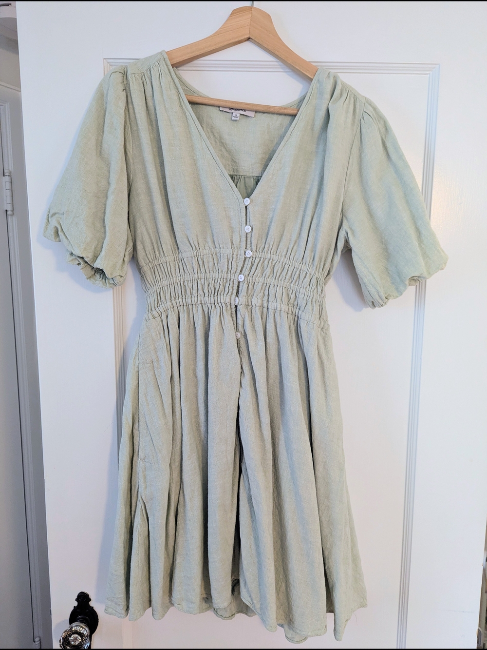 Madewell Sage Green Button-Front Puff Sleeve Mini Dress